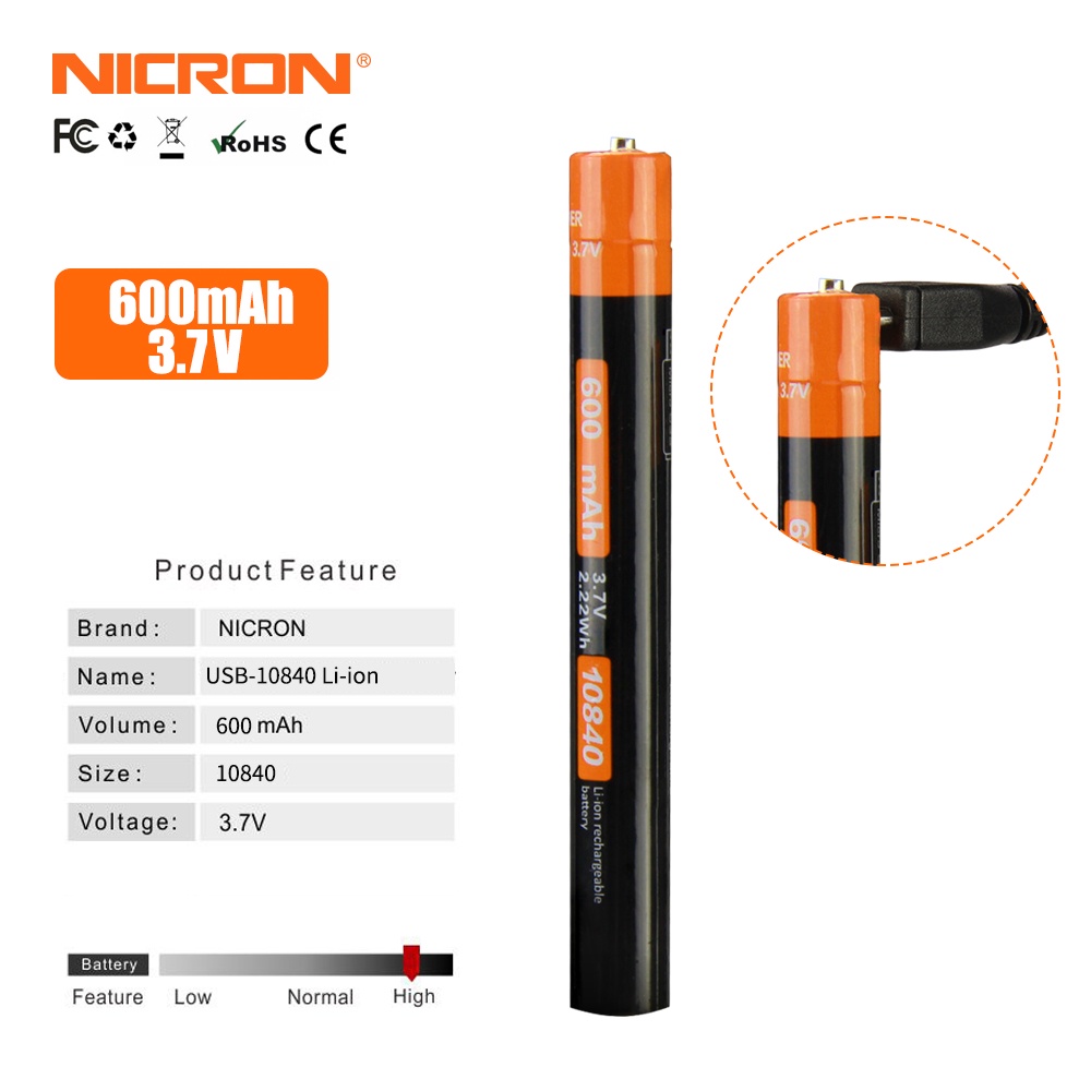 Nicron แบตเตอรี่ลิเธียมไอออน ความจุสูง 10840 USB-10840 600mAh 3.7v B24 N73 B73