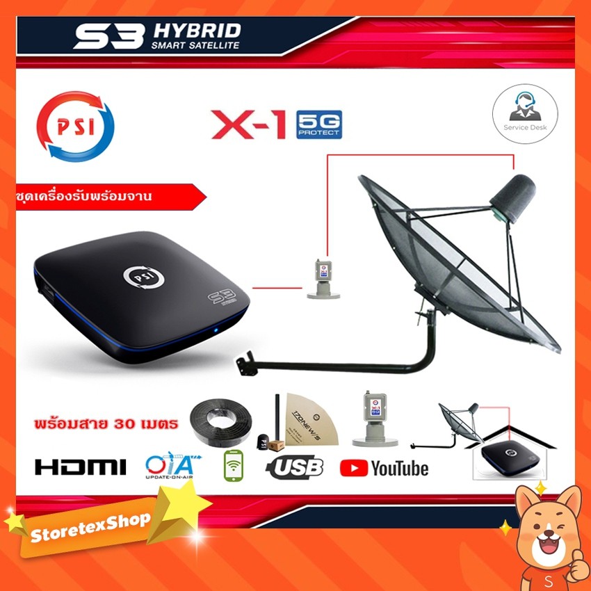 THAISAT C-Band 1.5 เมตร (ขางอยึดผนัง) + LNB PSI X-1 5G + กล่องPSI S3 HD พร้อมสายRG6ยาว 30 เมตร