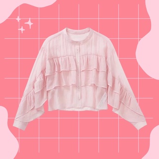 (💥พร้อมส่ง S) 🌸Ruby top เสื้อแขนยาวแต่งระบายช่วงตัวและแขน ชมพูหวานๆ