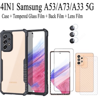 4in1 เคสกันกระแทก สําหรับ Samsung A53 A73 A23 5G ฟิล์มกระจกนิรภัย และฟิล์มเลนส์กล้อง คาร์บอน