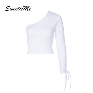 Sweeticme ใหม่ เสื้อยืดลําลอง แขนยาว คอเอียง เข้ารูป สีพื้น เซ็กซี่ แฟชั่นสําหรับสตรี 2022