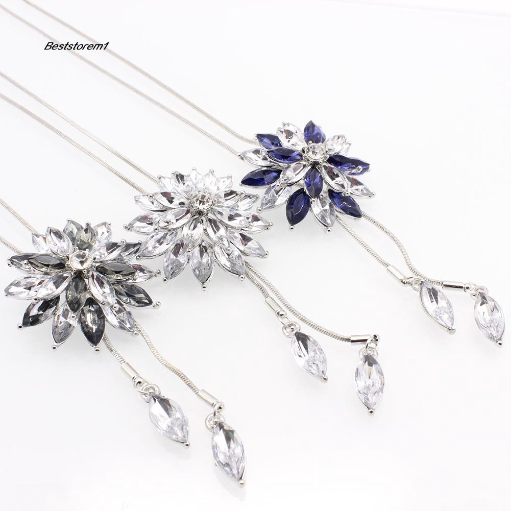 BSM1_ผู้หญิงแฟชั่น Rhinestone Snowflake จี้สร้อยคอโซ่ยาว