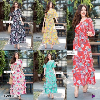 AK 12087 Maxi Dress เดรสยาวคอวี แขน 3 ส่วน