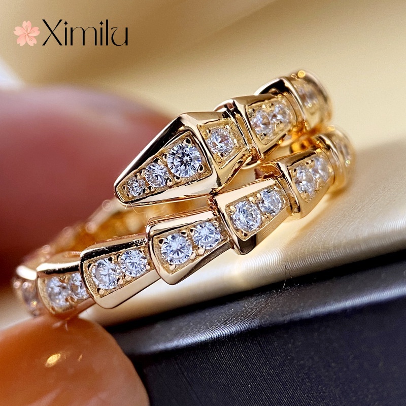 XIMILU💖 แหวนเงิน เกรด 925 รูปงู สีทอง 18K สามารถปรับได้ สําหรับผู้หญิง แหวนทองครึ่งสลึง แหวนแฟชั่น คริสต์มาส แหวนทอง