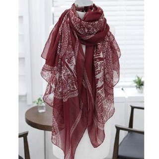 Y and L Support  ผ้าพันคอ ผ้าคลุมไหล่ Scarf chiffon-P33A-BWDeerRed