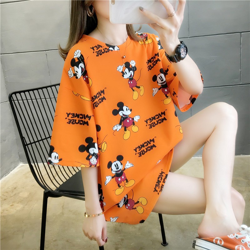 ฤดูร้อนใหม่แฟชั่นผู้หญิงแขนสั้นเสื้อยืดขนาดใหญ่รุ่นหลวมผ้าฝ้ายแท้ฤดูร้อนคอกลมการ์ตูนน่ารักเสื้อยืด