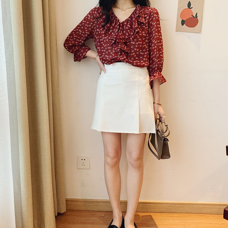 ZHUTONG เสื้อลายดอกแฟชั่นเกาหลีเสื้อชีฟองแขนยาวผู้หญิง