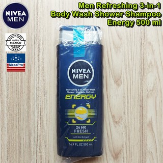 Nivea® Men Refreshing 3-in-1 Body Wash Shower Shampoo Energy 500 ml นีเวีย เจลอาบน้ำ + แชมพู สำหรับผู้ชาย