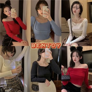 Bentoy*พร้อมส่ง*เสื้อครอปไหมพรมแขนยาวแต่ง2ชั่นแฟชั่นNO.8589