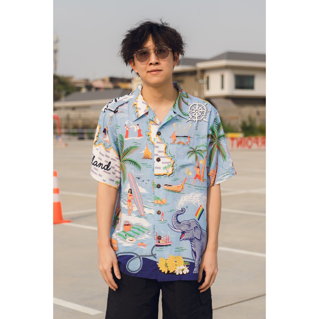 เสื้อฮาวาย ลายประเทศไทย แบรนด์ Windwear ผ้าเรยอน Aloha Discovery Thailand ไทยเที่ยวไทย สีน้ำเงิน ราคา ถูกที่สุด ดีลบีเคเค แกลเลอรีภาพที่ 4