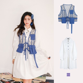 【พร้อมส่ง】「สินค้าลิขสิทธิ์แท้」Iris Boutique ID219-IV010 Navy packets vest+Purity lily shirt dress เดรสยาว เสื้อกั๊ก