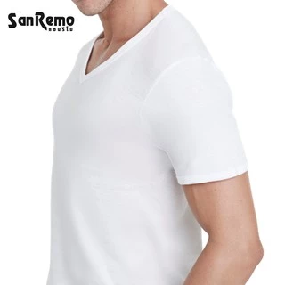 Sanremo Modern Classic แซนรีโม เสื้อยืดผู้ชาย เสื้อยืด คอวี แขนสั้น Cotton นุ่มสบาย ระบายเหงื่อดี สีขาว สีดำ NIS-SCT3
