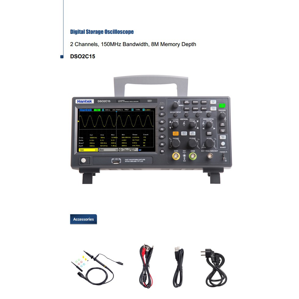Hantek DSO2C15 ออสซิลโลสโคป 2CH 150MHz 1GSa/s, 8MHz memory depth