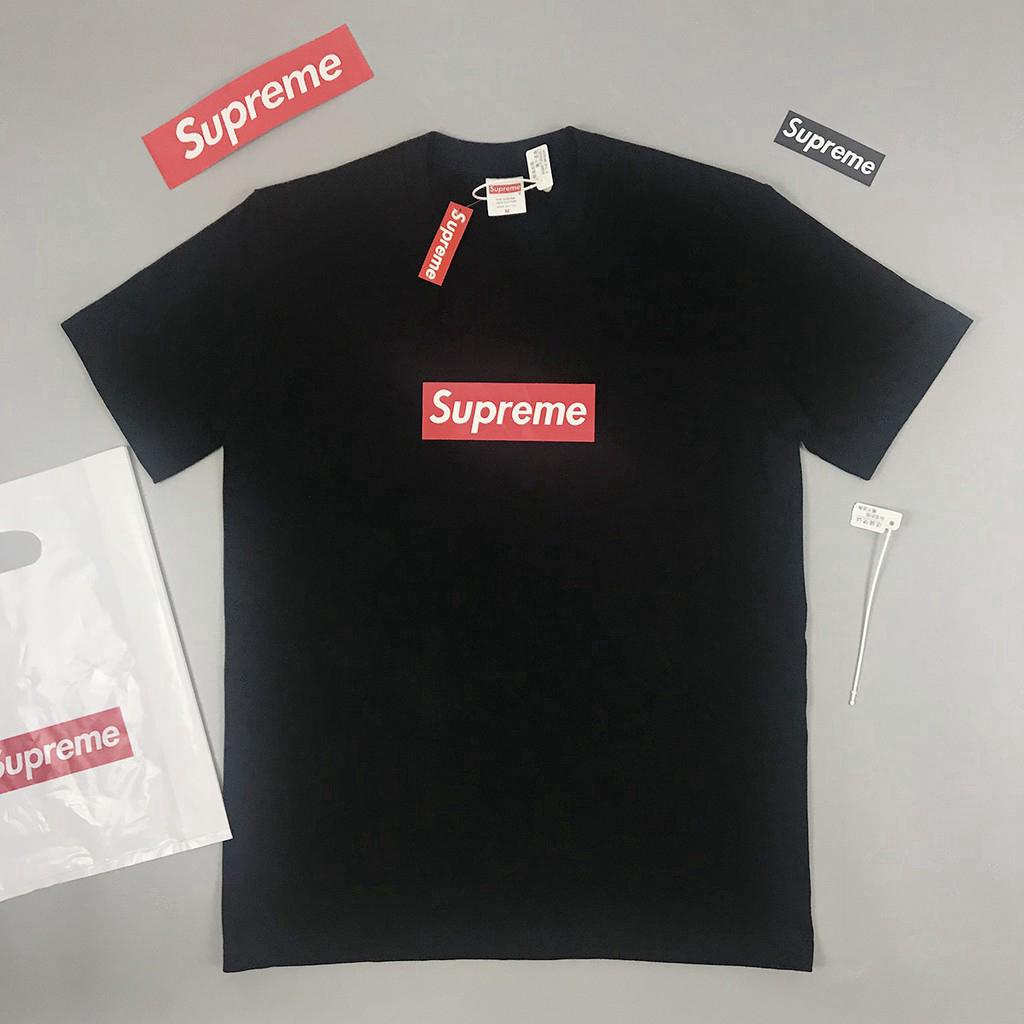 Original Supreme แฟชั่น Unisex เสื้อยืดคลาสสิกพิมพ์ลายโลโก้สีดำ Casual