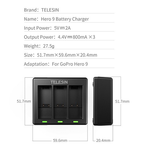 GoPro 12 / 11 / 10 / 9 Telesin Charger + Telesin Battery แท่นชาร์จ ที่ชาร์จ + แบตเตอร์รี่ ฟรีกล่องใส่แบต รับประกัน 1 ปี.