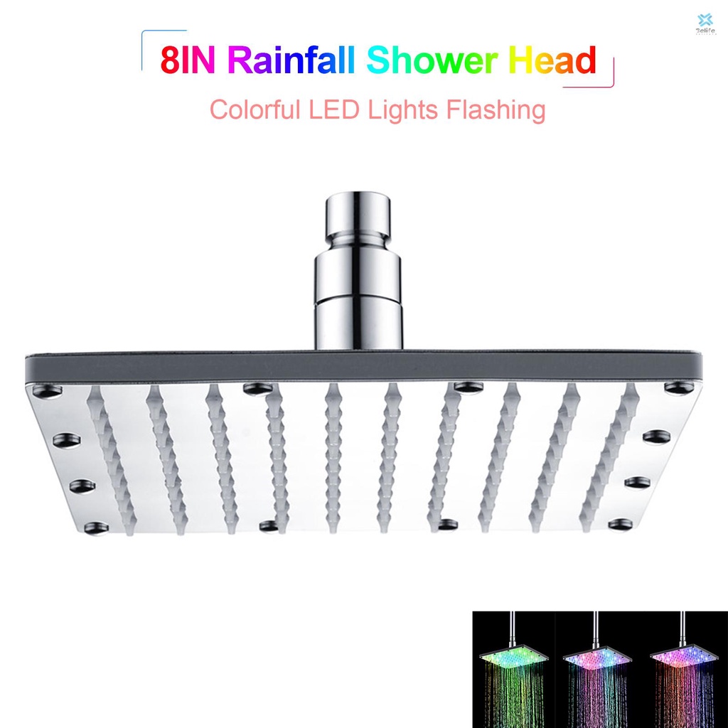 Elife 8 inch LED Rainfall Shower Head Square Shower Head Colorful ...