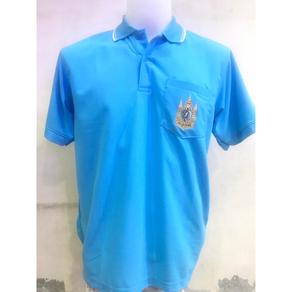 เสื้อโปโลผู้ชายสีฟ้าวันแม่ ปักตรา 90 พรรษา ผ้าทีเคไมโค งานสวยมาก