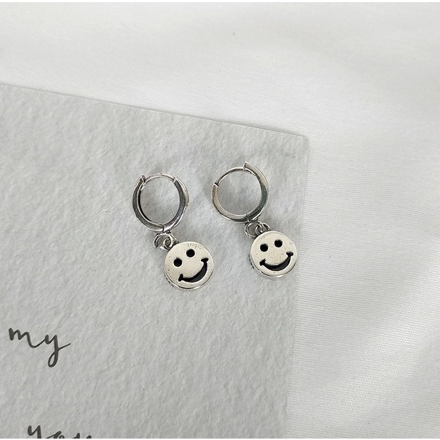 156-goodgift_station - Hoop smiling face S925 sterling silver  ต่างหูเงินแท้ s925 ต่างหูห่วงกลมแบบเจ