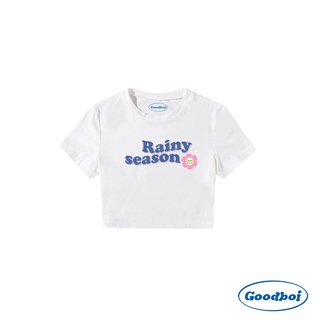 Goodboi เสื้อครอป ฟรีไซส์ ลาย Rainy Season สีขาว