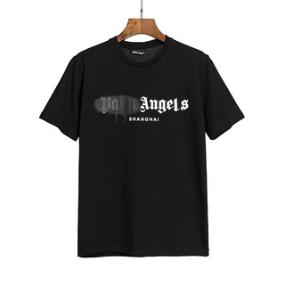 HH 100% Palm Angels Black and white couple T-shirt summer sweat-absorbent quick-drying short-sleeved cotton round  คอกลม