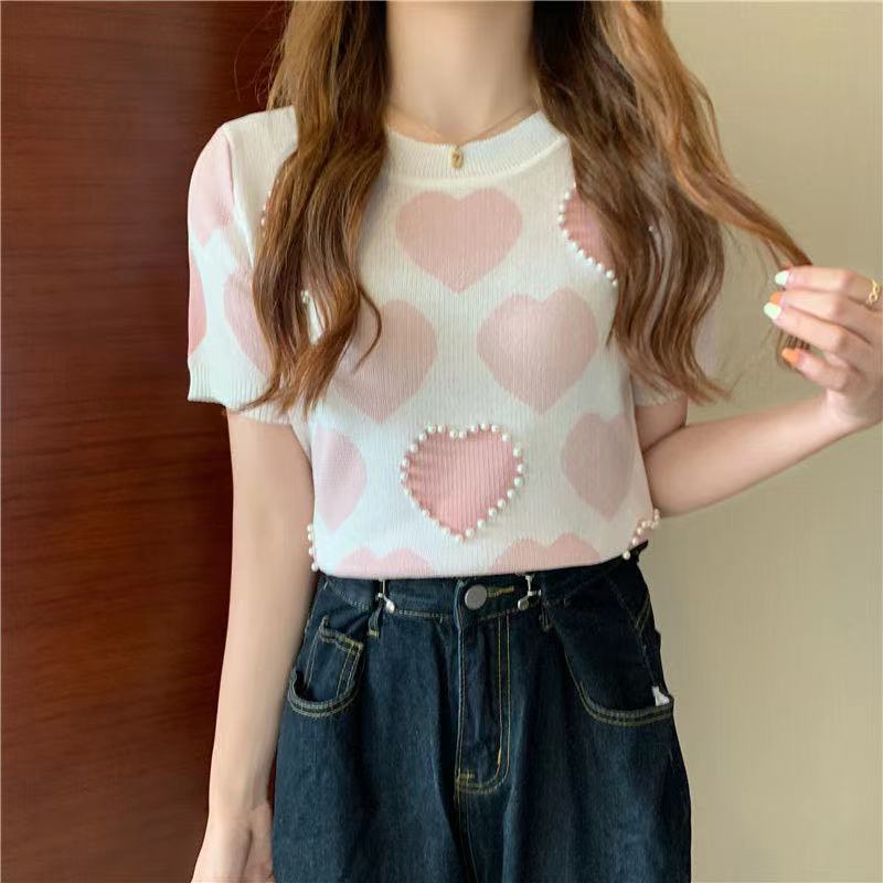 *Miki-Shop*เสื้อไหมพรม แขนสั้น คอกลมไม่ลึก ปักมุก ผ้านิ่ม ใส่สบาย51025 *