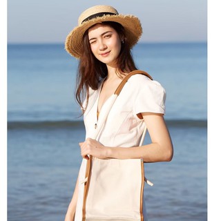 กระเป๋าสะพายผ้าดิบทรงเหลี่ยม เย็บติดด้วยหนัง (BEACH HAPPY BAG brown)