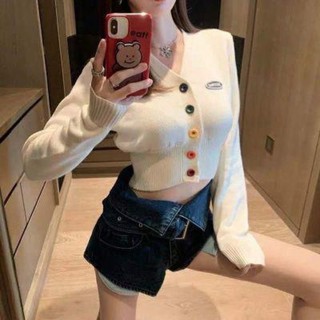 เสื้อครอปไหมพรมสีขาวแขนยาวขนาดไซส์ S-M
