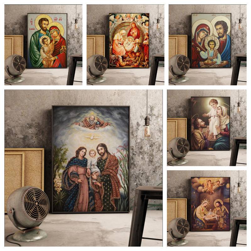 The Holy Family icon Jesus Christ Virgin Mary & Joseph โปสเตอร์ผ้าใบ ภาพศาสนา PrintsWall Art Home Decor