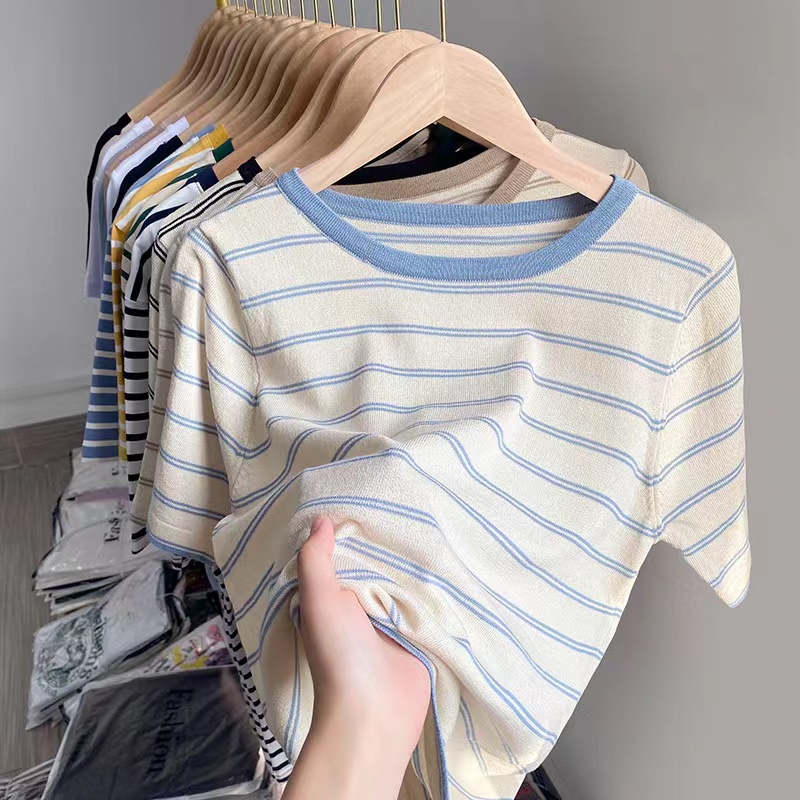 Knitwear striped short-sleeved T-shirt women's summer loose and thin ice silk thin half-sleeve top buy one get one free #1