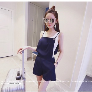 TJ จั๊มสูท แต่งสายเก๋ๆ กระเป๋าข้าง ขาสั้น รหัสสินค้า MY58906 น้ำเงิน