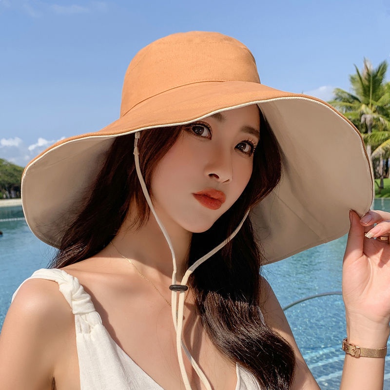 หมวกบักเก็ต bucket hat 2 ข้าง มีเชือกบังแดดใต้คาง ทรงสวย ผ้าหนา ม่านบังแดด ระบายอากาศ เวอร์ชั่นเกาหลี พับได้