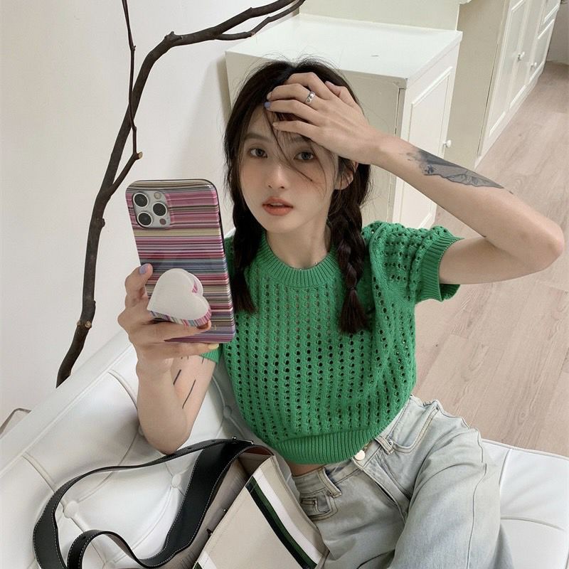 Vogue🌟พร้อมส่ง🌟 เสื้อถักไหมพรมแขนสั้น ซีทรูเบาๆสไตล์เกาหลีมาก (99025/99025-1-C) -N