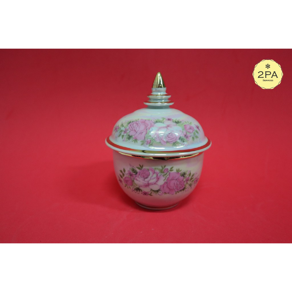 โถสีขาวลายกุหลาบชมพู ทรงกลม เบญจรงค์ ขนาด 3 4 5 นิ้ว