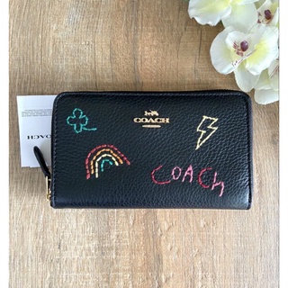 กระเป๋าสตางค์ใบกลาง🇺🇸💯New Coach C9104 Diary Embroidery Medium ID Zip wallet Black multi