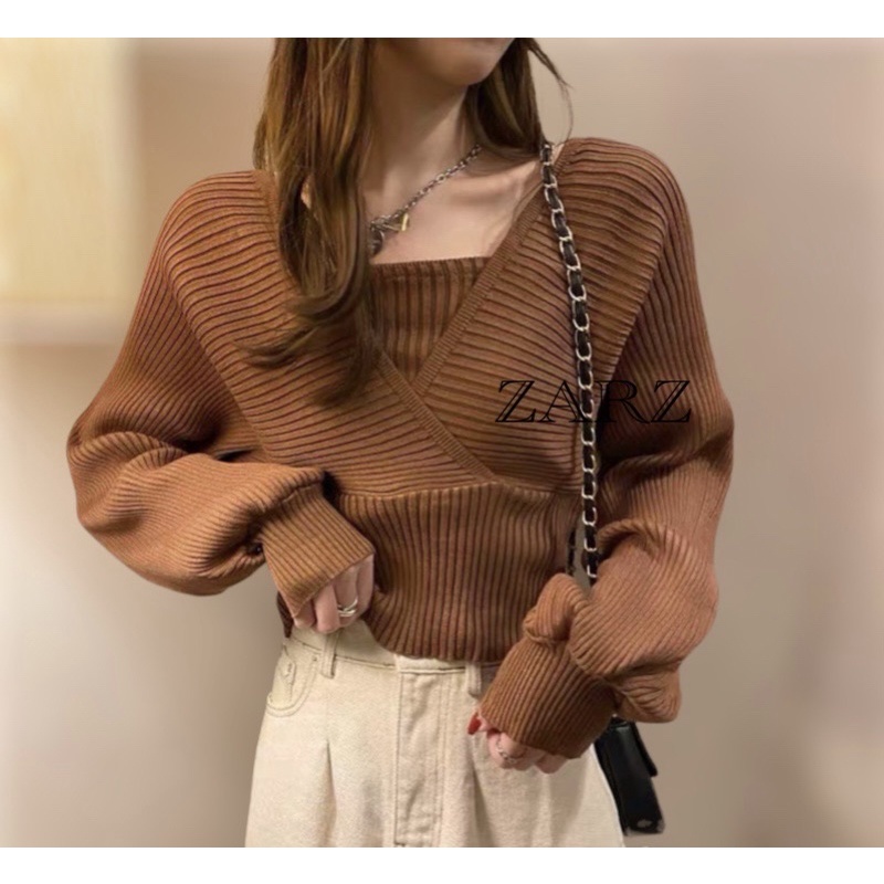 ZARZ .SHOP พร้อมส่ง เสื้อไหมพรมแขนยาว สายเดี่ยวด้านในเบาๆ เย็บติดกัน3010