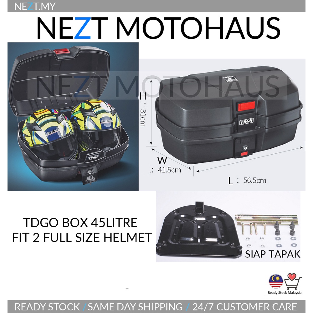TDGO Top Box Kotak Tong 45Litre Siap Tapak (Fit 2 หมวกกันน็อคขนาดเต็ม)