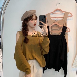 ZARZ.SHOP🍑พร้อมส่ง*เสื้อถักเปิดไหล่แขนพองปลายจับ 44127