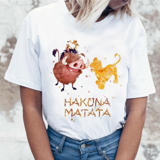 เสื้อยืดลําลอง แฟชั่นสําหรับสตรี แขนสั้น พิมพ์ลาย Hakuna Matata The Lion King Kawaii สไตล์ฮาราจูกุ เหมาะกับฤดูร้อน