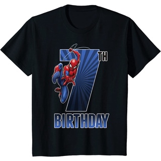 เสื้อยืด ผ้าฝ้ายแท้ ระบายอากาศได้ดี พิมพ์ลายกราฟฟิค Marvel Spider-Man Swinging 7th Birthday คุณภาพสูง