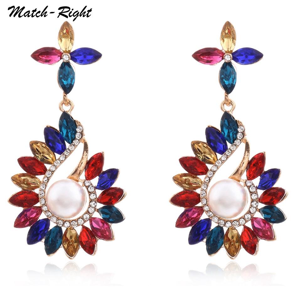 ต่างหูหยดที่มีสีสันย้อนยุค Pearl Drop Earrings Multicolor Rhinestone Waterdrop Bridal Wedding Earring