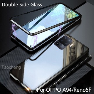 เคสโทรศัพท์แข็งแม่เหล็กฝาพับเคสโทรศัพท์กันกระแทกสําหรับ OPPO A94 A93 Reno 5F 4F 5 4 Reno5 Reno4 F Magnetic Phone Case Double Side Tempered Glass Magnet Metal Flip Cover Hard Front And Back 360 Protection Casing