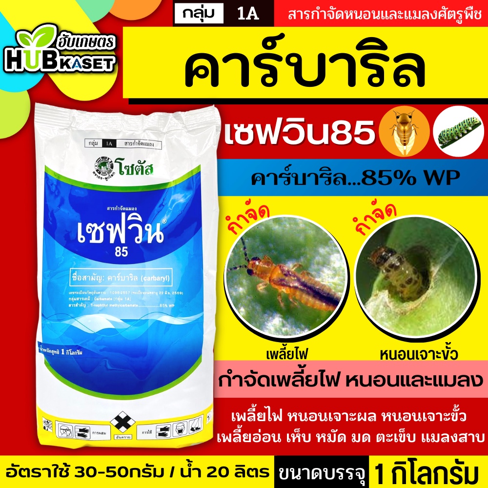 เซฟวิน85 1กิโลกรัม (คาร์บาริล) กำจัดแมลงชนิดถูกตัวตายและกินตาย เช่น เพลี้ยไฟ เพลี้ยจักจั่น ด้วงเต่าแตงแดง