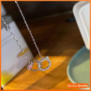 Cocojewelry สร้อยคอโซ่ จี้แหวนคู่ รูปแมว ประดับเพชร สไตล์เกาหลี หรูหรา สําหรับผู้หญิง