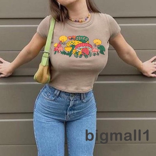 Bigmall - เสื้อยืดคอกลมแขนสั้นพิมพ์ลายการ์ตูนเห็ดสําหรับผู้หญิง