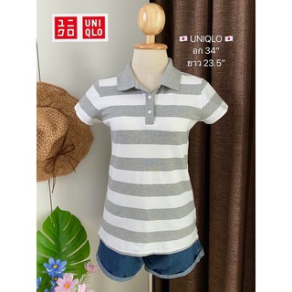 🎈UNIQLO 🎈👚เสื้อคอโปโลสีเทาสลับขาว🌷มือสอง❤️(อก34/ยาว23.5)