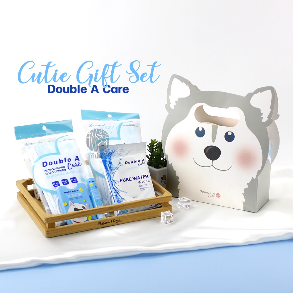Double A Care Cutie Gift Set หน้ากากอนามัยแพ็ค 10 ชิ้น + ผ้าเช็ดผิวสูตรอ่อนโยน + สเปรย์อนามัย 20ml. + สเปรย์อนามัย10ml