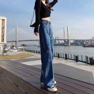 ยีนส์ผู้หญิงwomens jeans✗♞(code：SMEDDAY55）💥#822💥มีไซส์ S-2XL💥กางเกงยีนส์ เอวสูง ขาบานแบบขาดๆ สไตล์เกาหลี กางเกงยีนส์