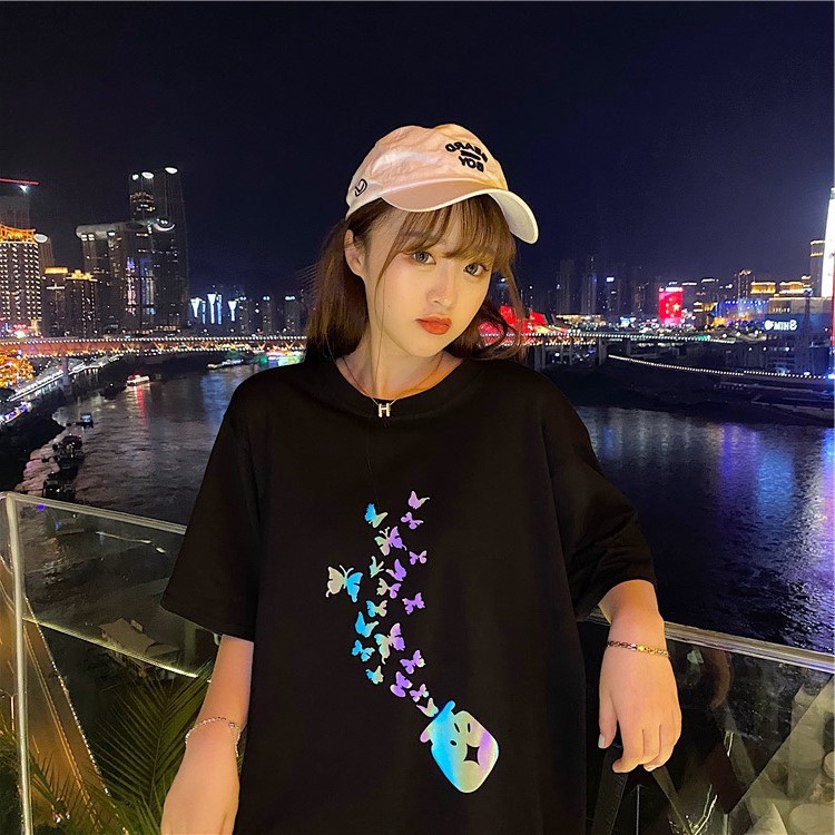 GC เสื้อยืดสะท้อนแสง เสื้อReflex ทรงOversize สไตล์เกาหลี COTTON 100% พิมพ์ลายผีเสื้อ น่ารักมาก