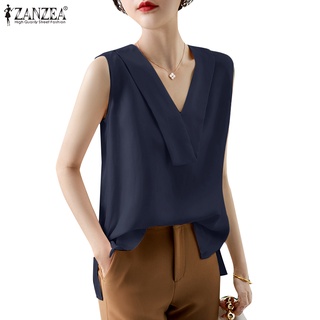 Zanzea ผู้หญิง คอวี แขนกุด สีพื้น หรูหรา เสื้อกล้าม เสื้อกล้าม เสื้อเบลาส์