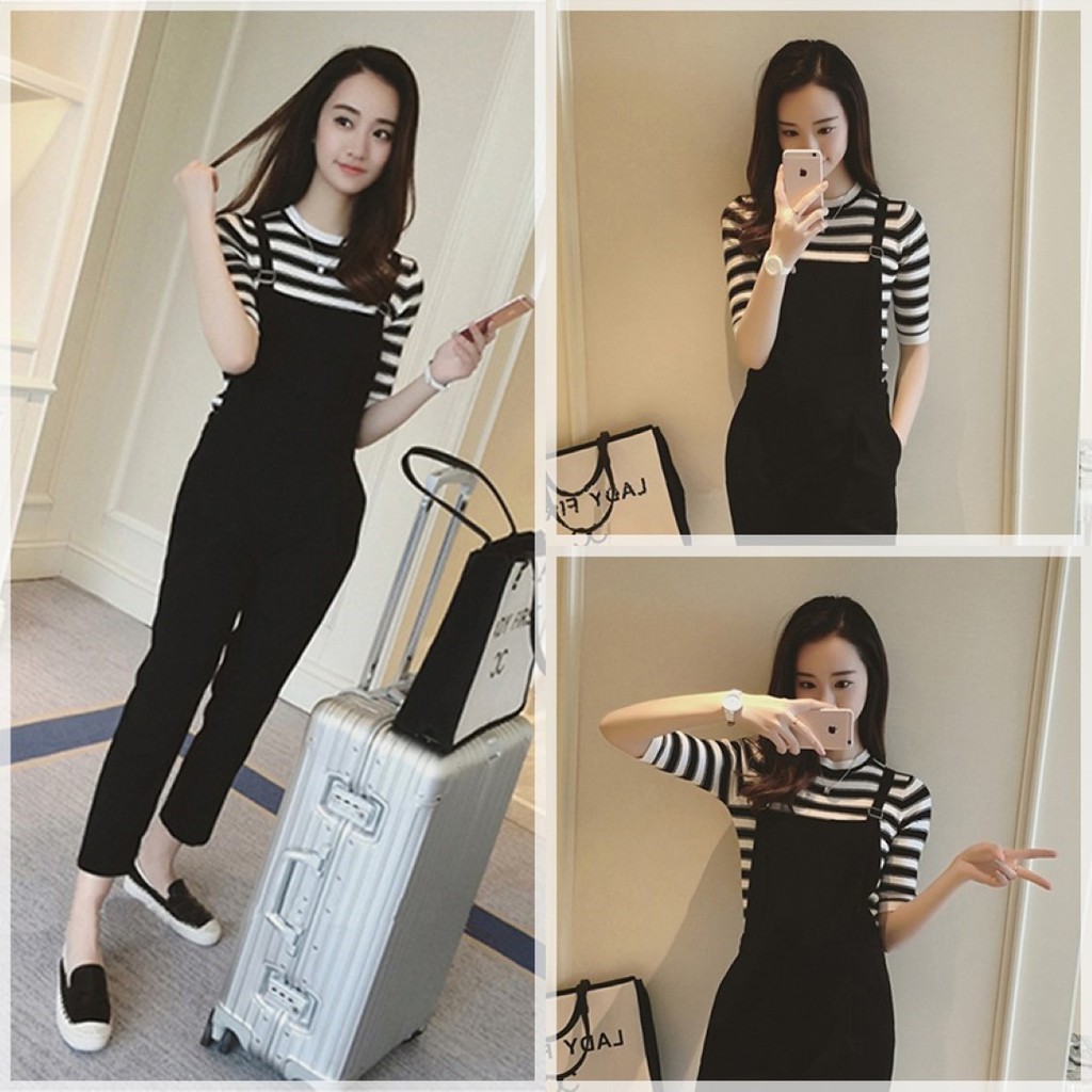 FC พร้อมส่ง ชุดเอี๊ยมแฟชั่น เสื้อคอกลมแขนสั้นลายทาง ผ้านิ่มเด้ง เอี๊ยมขายาวทรงเดฟ สายปรับระดับและถอดสายได้ ผ้าคอตตอน มี